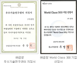 (주)금창 우수기술연구센터 지정서, (주)금창 World Class 300기업 선정서